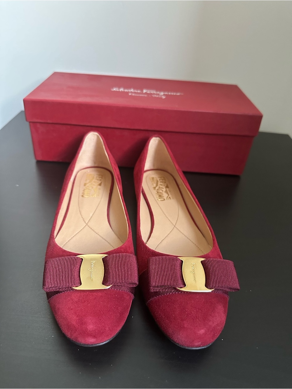 Salvatore Ferragamo Red Suede Vara Bow Flats with Gold Plate